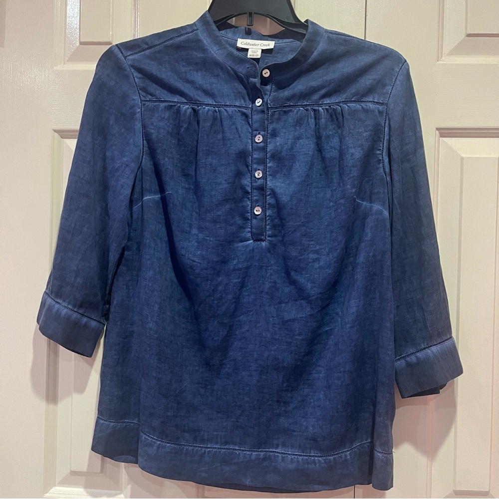 Coldwater Creek Denim Pullover Sheer Button Front Top Size M